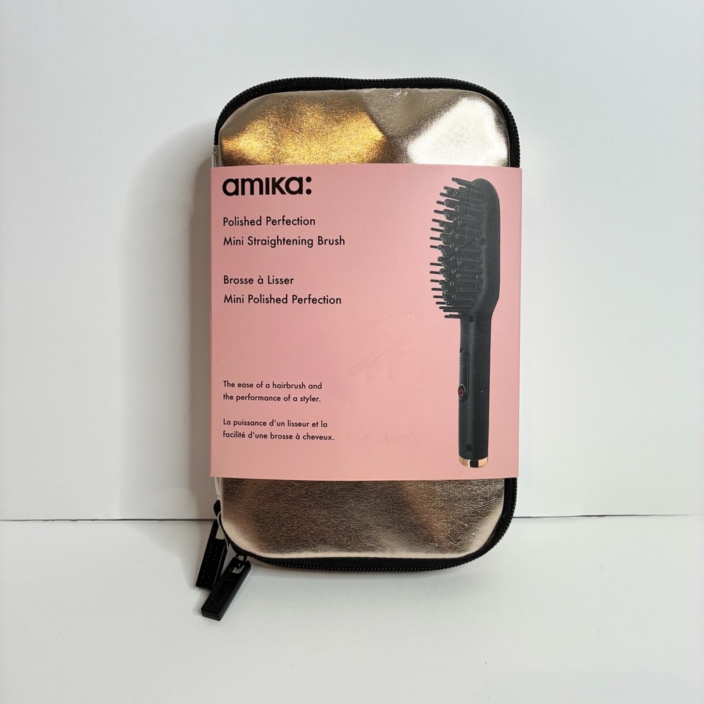 amika Polished Perfection Mini Straightening Brush with Metallic Gold Case NEW
